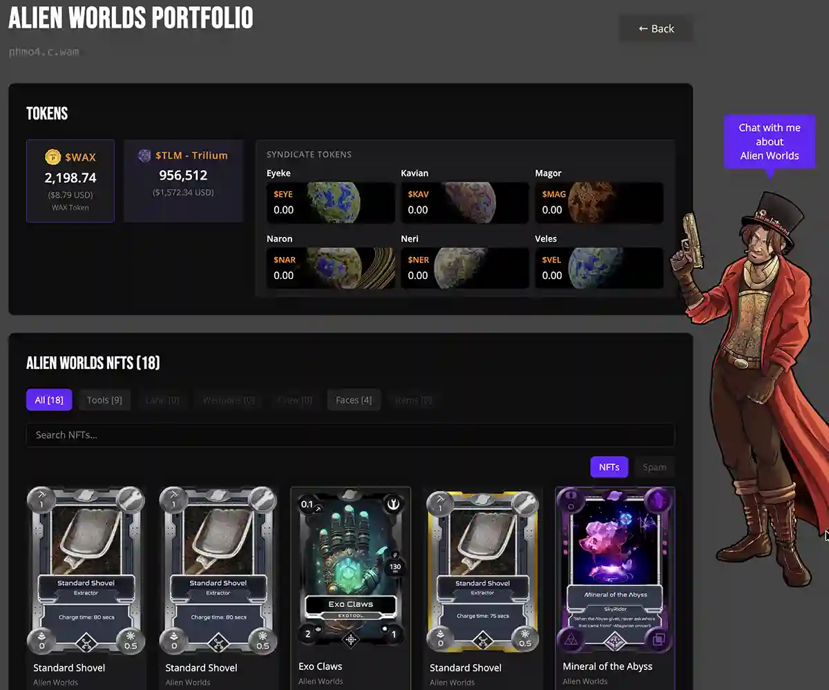 Alien Worlds wallet and portfolio